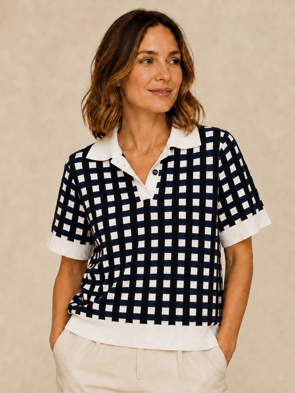 Authentic CHANEL Check Knit Polo Sweater Top Size 36